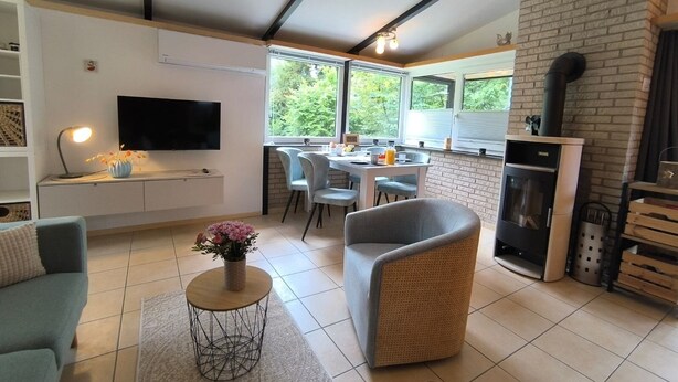 A modern living room with a TV, sofa, and dining area.