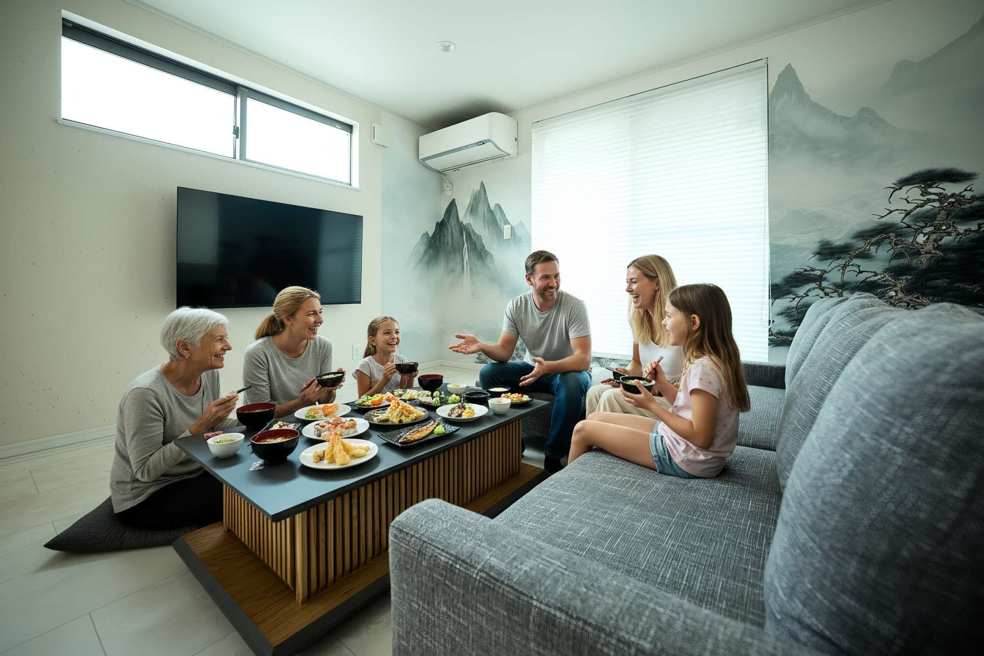 Eine Familie isst in einem modernen Wohnzimmer mit großem Fernseher, einem Esstisch mit Speisen und einer Couch.