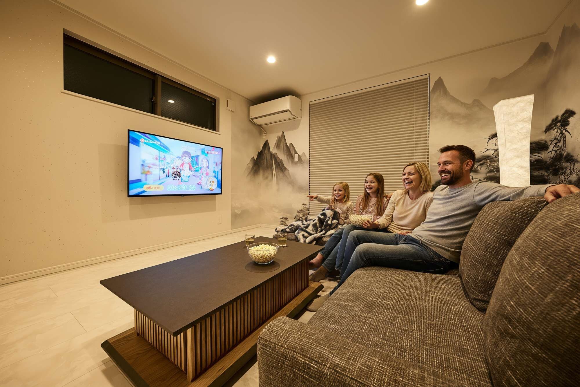 Ein Wohnzimmer mit Flachbildfernseher, Couchtisch und Sofa.