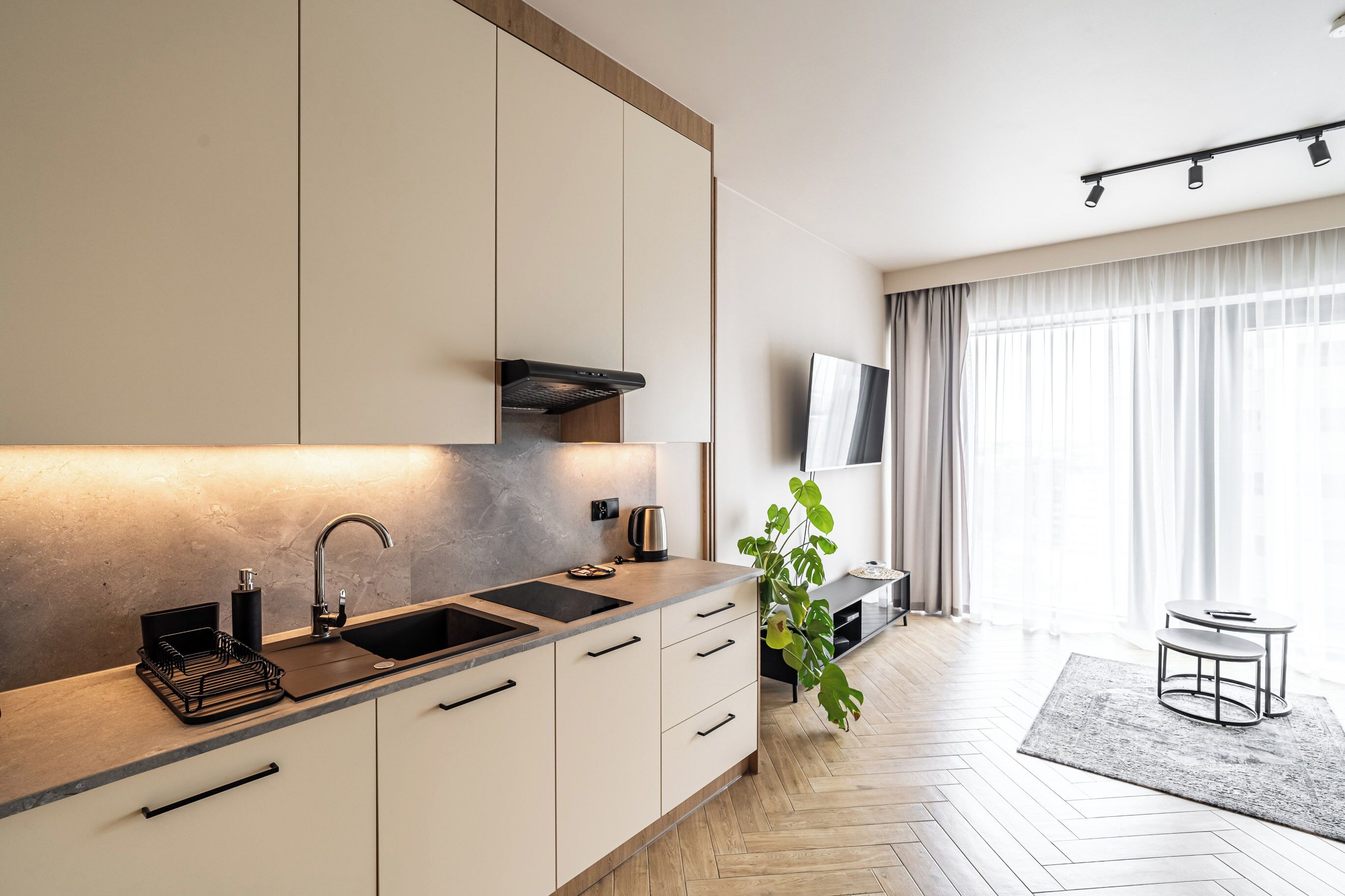 A modern kitchen with a built-in stove, a sink, and a countertop with a kettle. There is a plant and a small table with chairs in the living area.