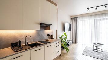 A modern kitchen with a built-in stove, a sink, and a countertop with a kettle. There is a plant and a small table with chairs in the living area.