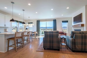 Smart TV, fireplace, books