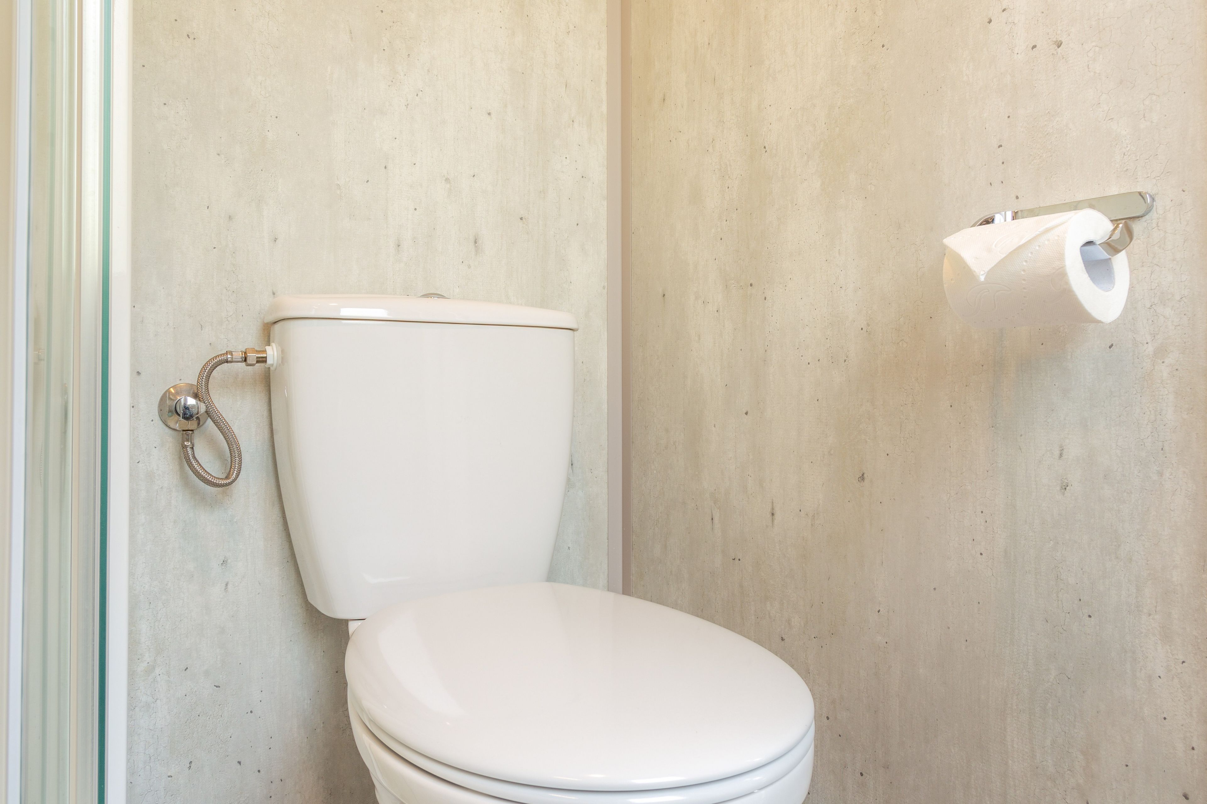 Eine weiße Toilette mit Tank und Bidetanschluss, einem Toilettenpapierhalter an der Wand und einer Glastür zum Badezimmer.