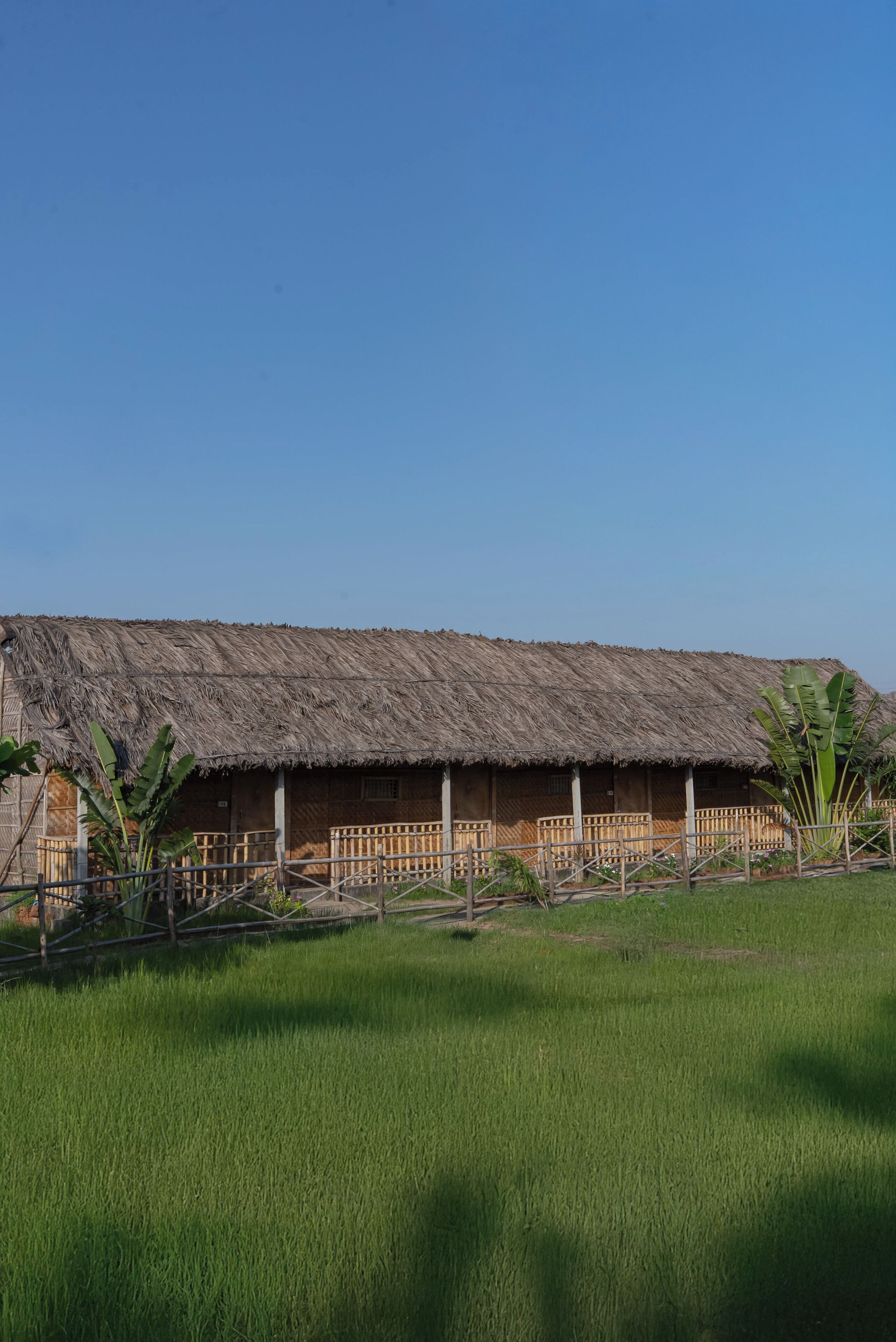 A thatched-roof building with multiple rooms, surrounded by a fence and lush green fields.
