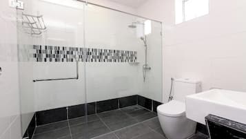 Shower, towels, soap, toilet paper