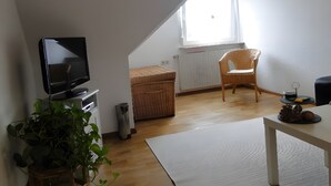 Una sala de estar con televisión, una silla de mimbre, una mesa, un radiador y un ventanal.