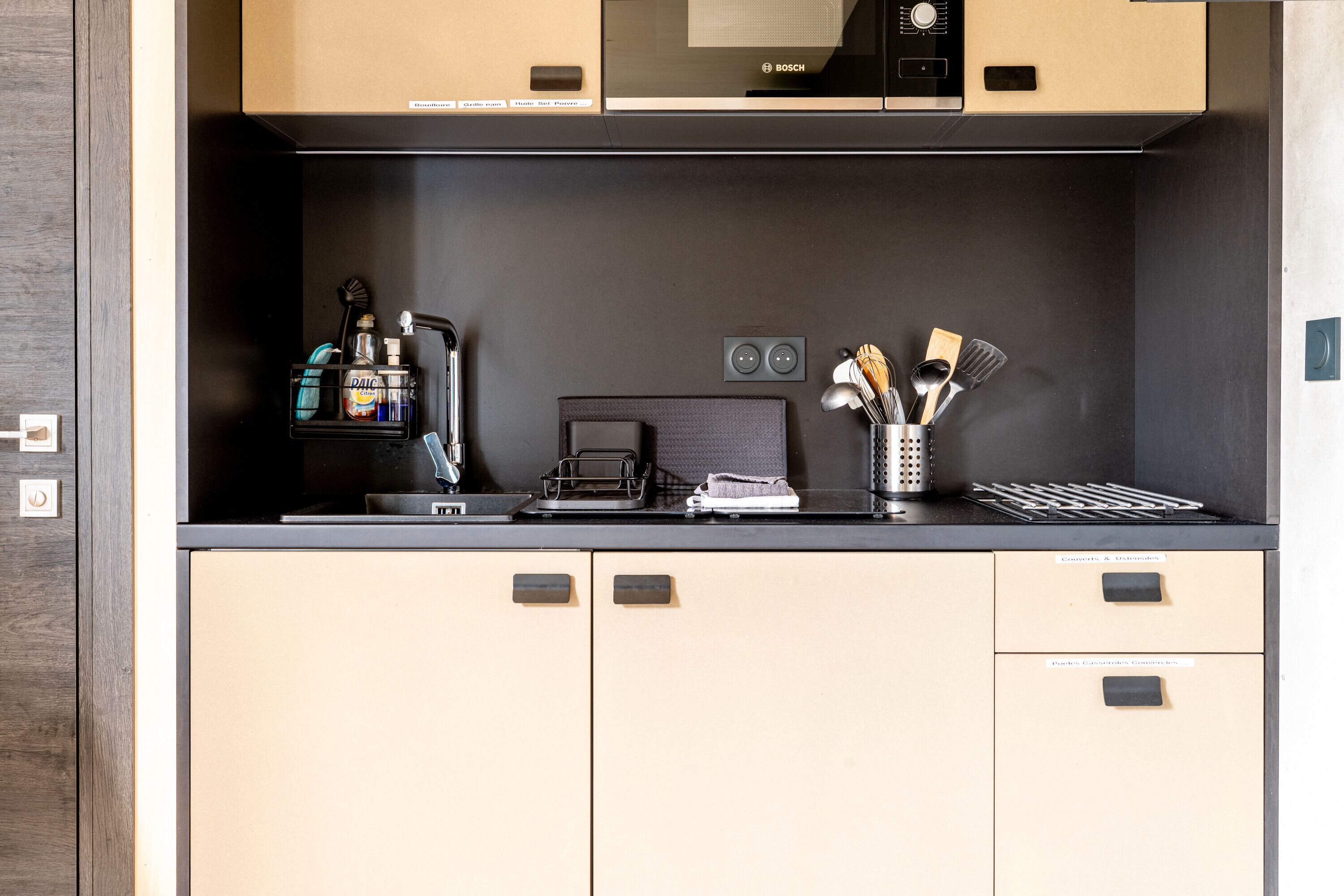 Fridge, microwave, stovetop, coffee/tea maker