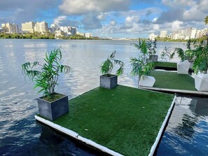 Uma área à beira-mar com grama sintética e plantas em vasos, um cais e o horizonte urbano ao fundo.