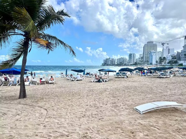 A beach with sun loungers and umbrellas, palm trees, and a city skyline in the background.