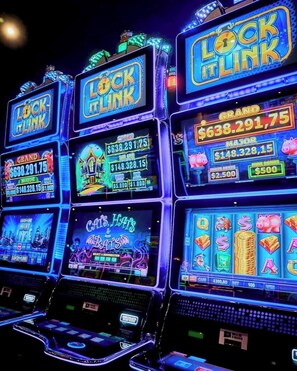 Uma fileira de máquinas caça-níqueis com telas iluminadas exibindo diversos títulos de jogos e prêmios potenciais.