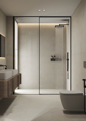 Shower, eco-friendly toiletries, hair dryer, bidet