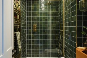 Shower, hair dryer, towels, toilet paper