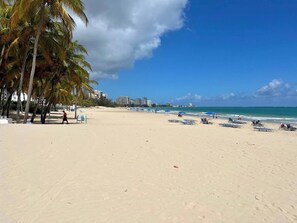 Una playa con palmeras, cielo despejado y algunas personas.