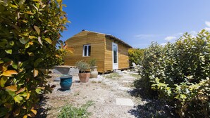 Een houten chalet met een deur en ramen, omgeven door grind en planten.