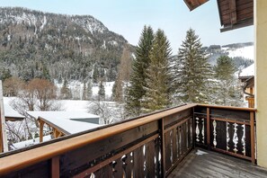A wooden balcony with a view of snow-covered mountains and trees.