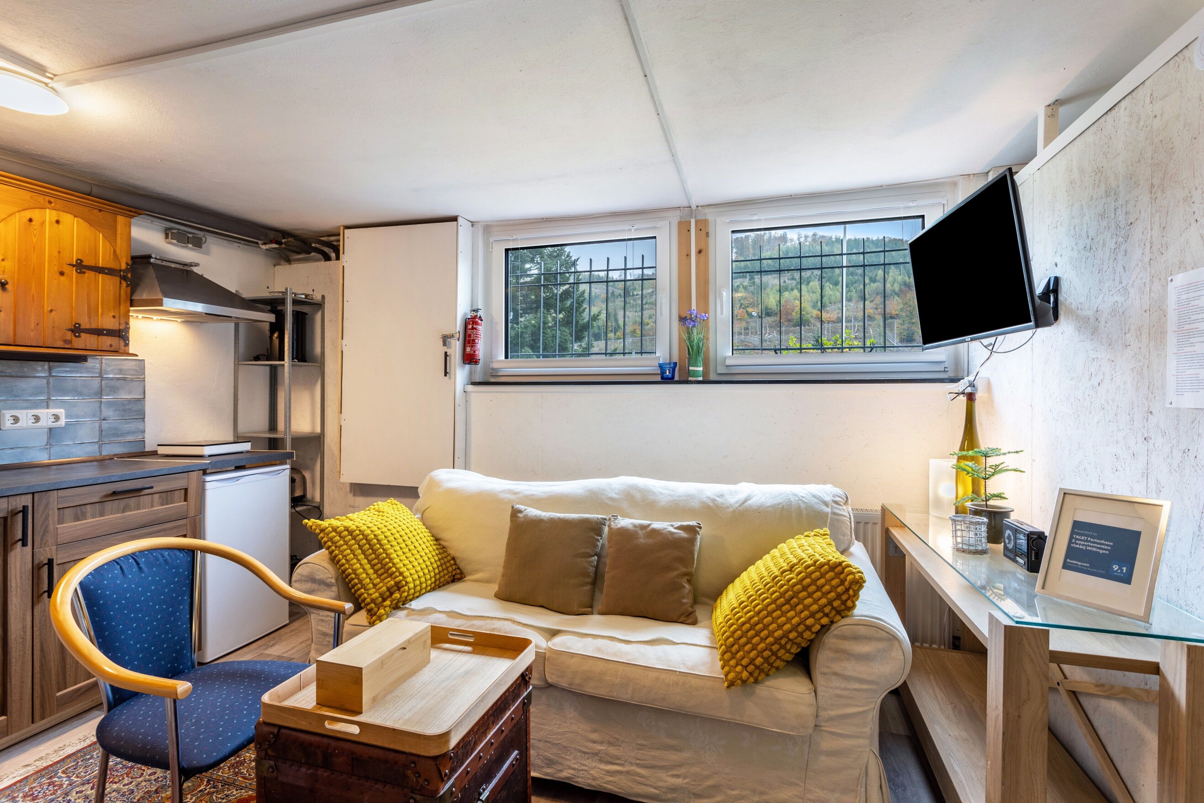 A compact living space with a kitchenette, a sofa with cushions, a television, and a small table with a picture frame.