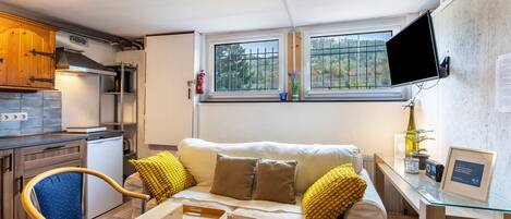 A compact living space with a kitchenette, a sofa with cushions, a television, and a small table with a picture frame.