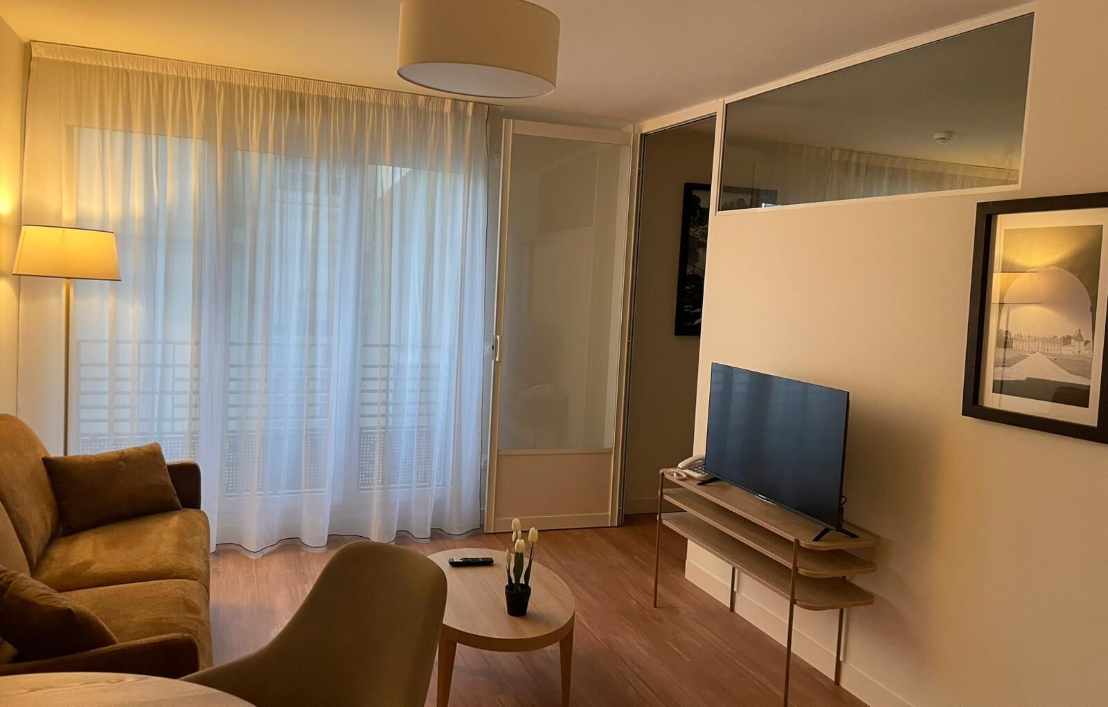 Una habitación de hotel moderna con un sofá, una mesita con una planta, un televisor sobre un mueble bajo y un ventanal con cortinas translúcidas.