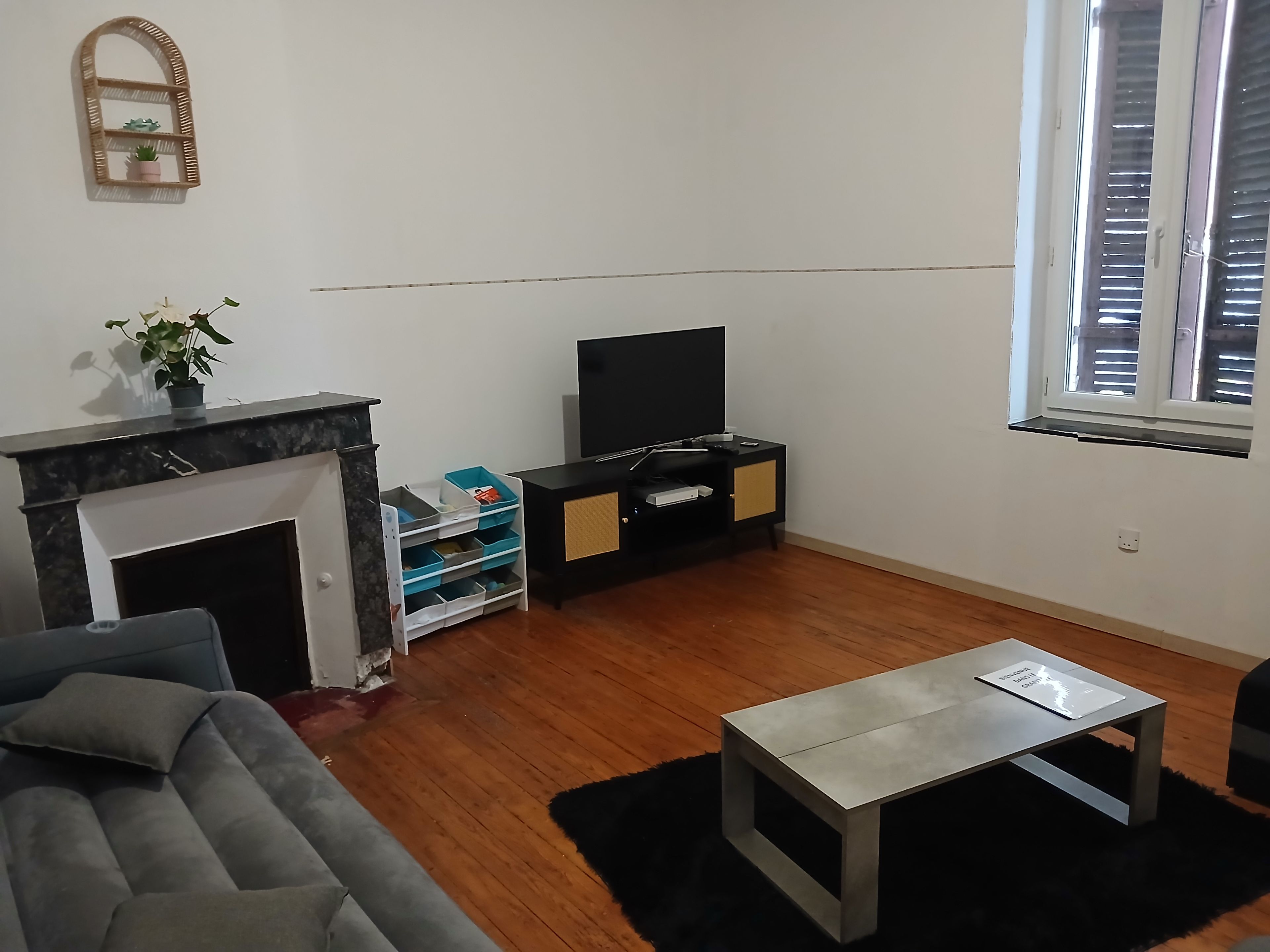 Een woonkamer met een open haard, een televisie, een bank en een salontafel.