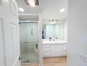 Hair dryer, towels, soap