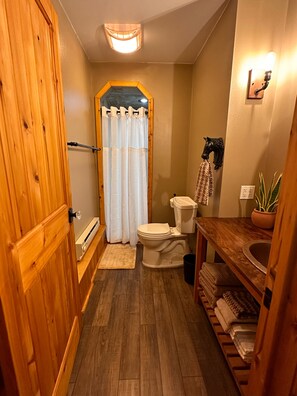 Hair dryer, towels, soap, shampoo