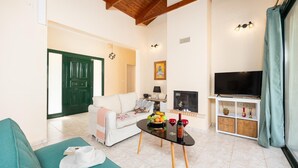 A living room with a sofa, a coffee table with fruit and wine glasses, a TV, and a fireplace.