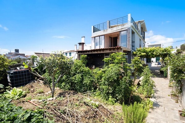 Une maison moderne à deux étages, dotée d’un balcon, entourée de verdure et d’un jardin.
