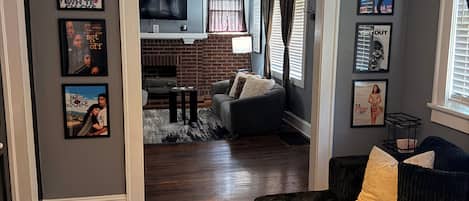 Smart TV, fireplace, video library