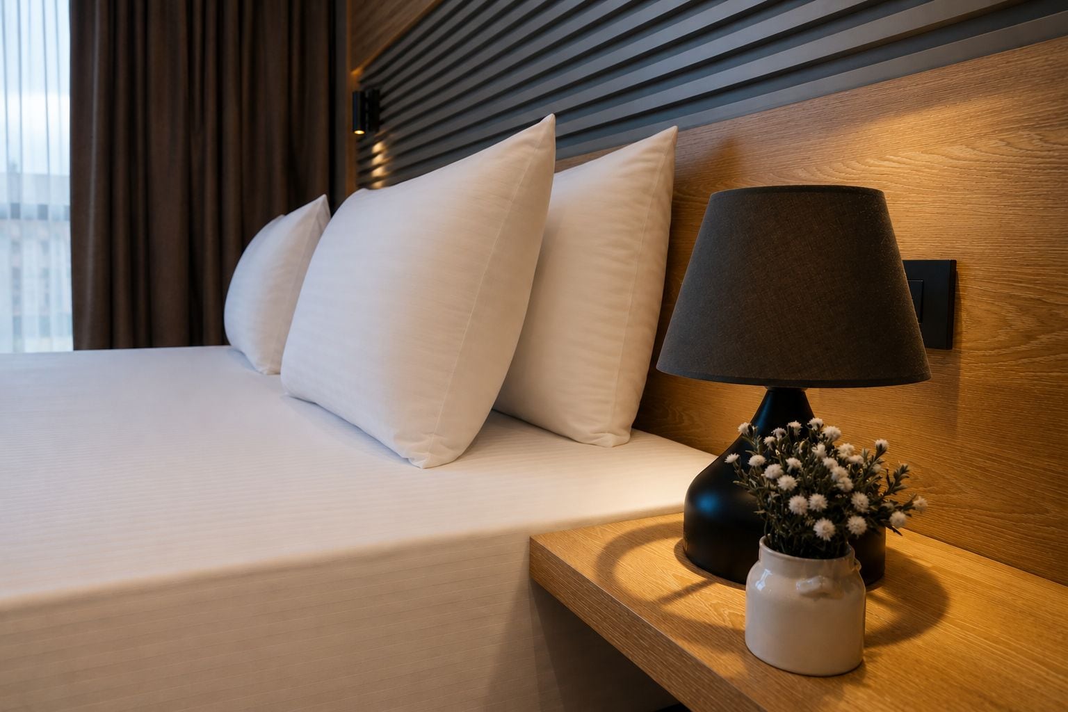A neatly made bed with white linens and pillows, a bedside table with a lamp and a vase of flowers, and a wooden headboard with horizontal slats.