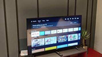 A television on a stand with a red shelf below it, a remote control on the shelf, and a small potted plant to the right.