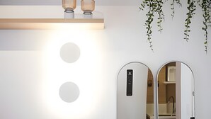 Una cocina moderna con refrigerador empotrado, microondas y lavamanos. Hay dos lámparas circulares en la pared y una planta colgante.
