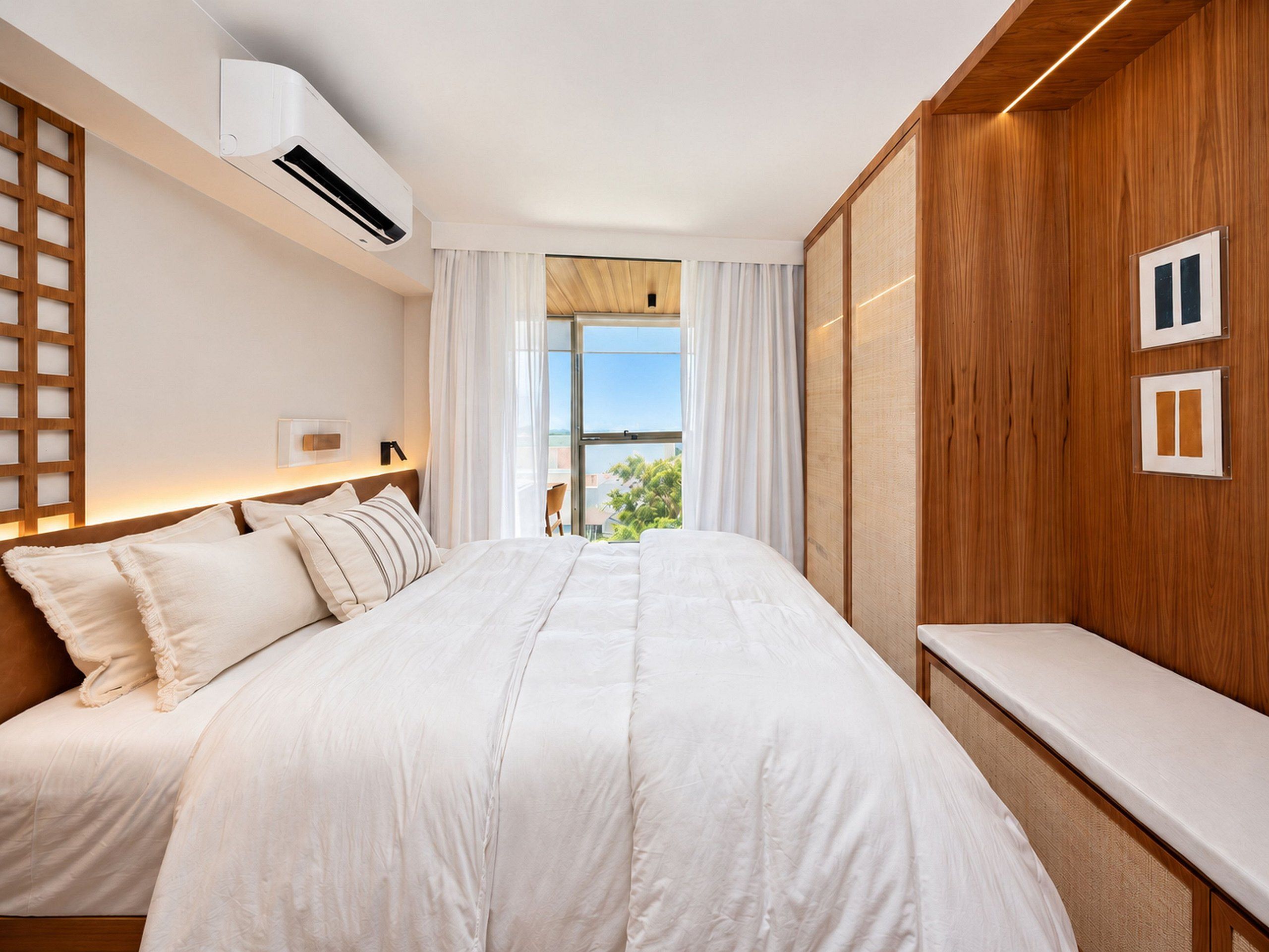 Een moderne slaapkamer met een groot bed, een ingebouwde airconditioning, uitzicht op de omgeving en houten lambrisering.
