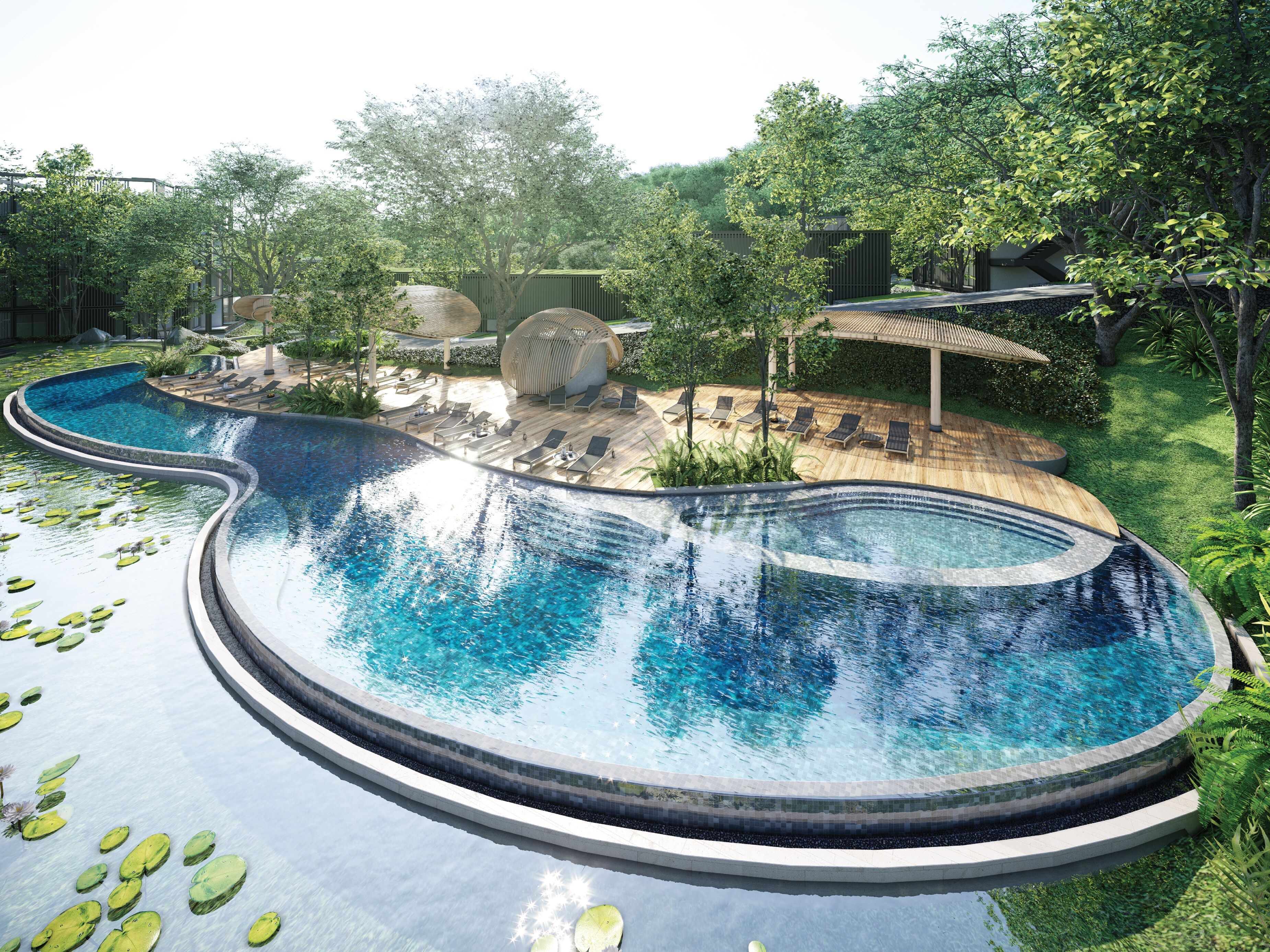 Outdoor pool, pool umbrellas, sun loungers