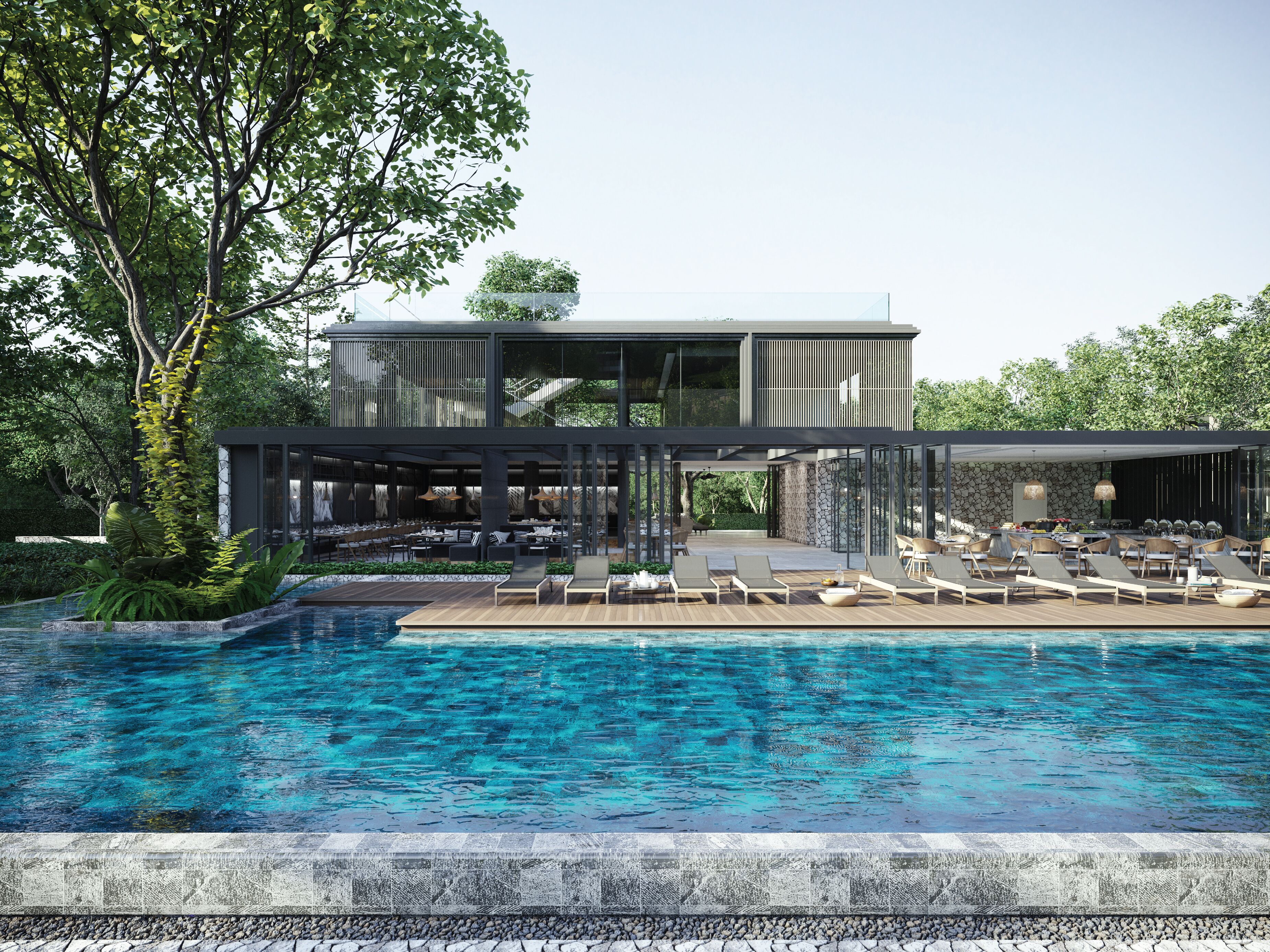 Piscine extérieure, parasols de plage, chaises longues