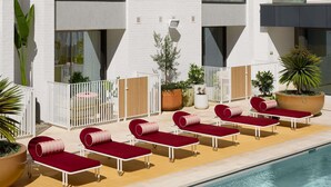 Un espace aménagé au bord de la piscine, avec des chaises longues, des plantes en pot et un bâtiment moderne doté de grandes fenêtres.