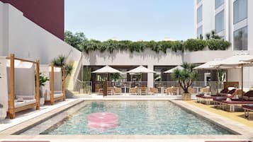 Outdoor pool, pool umbrellas, pool loungers