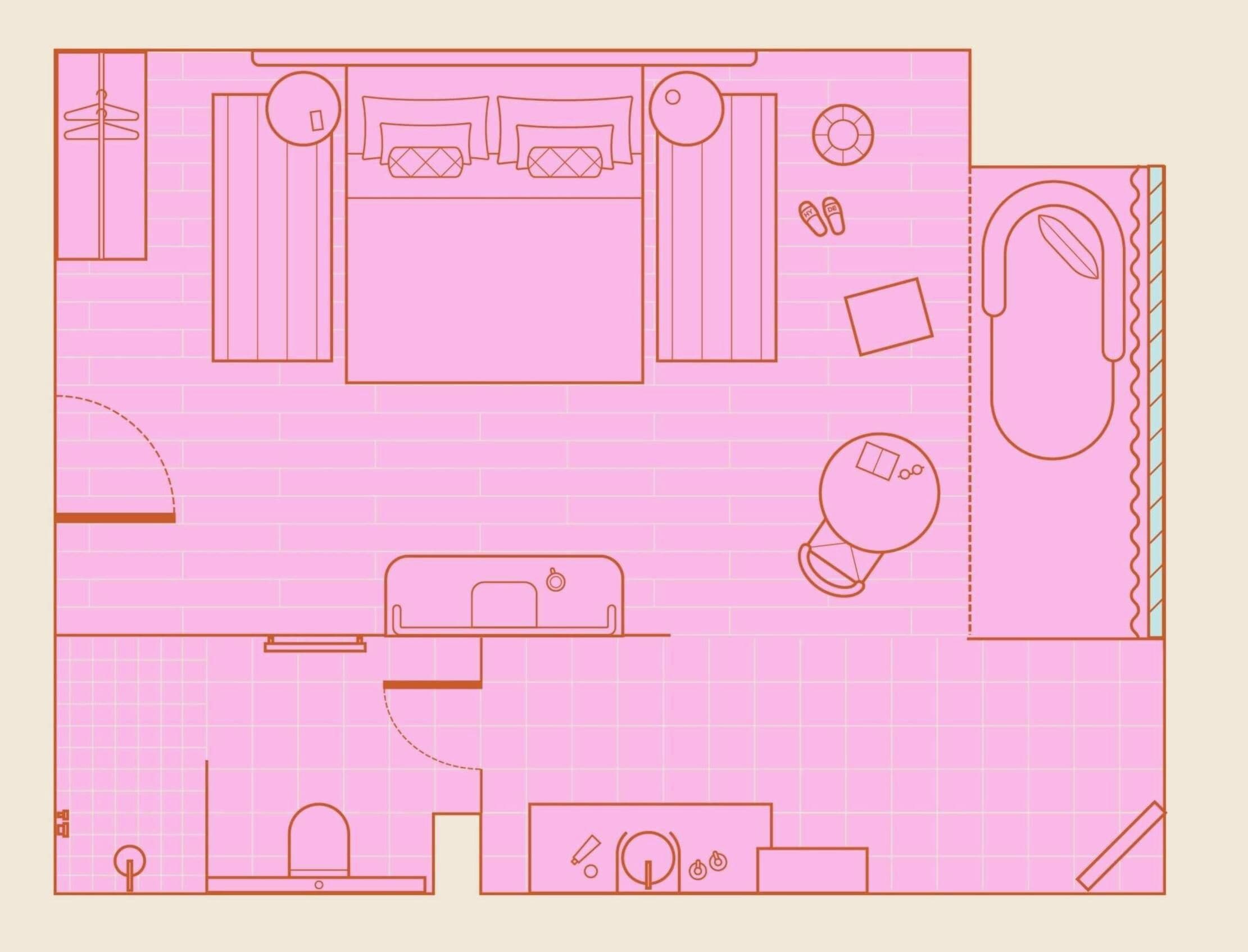 A floor plan with a bedroom, bathroom, kitchen, and a small living area.
