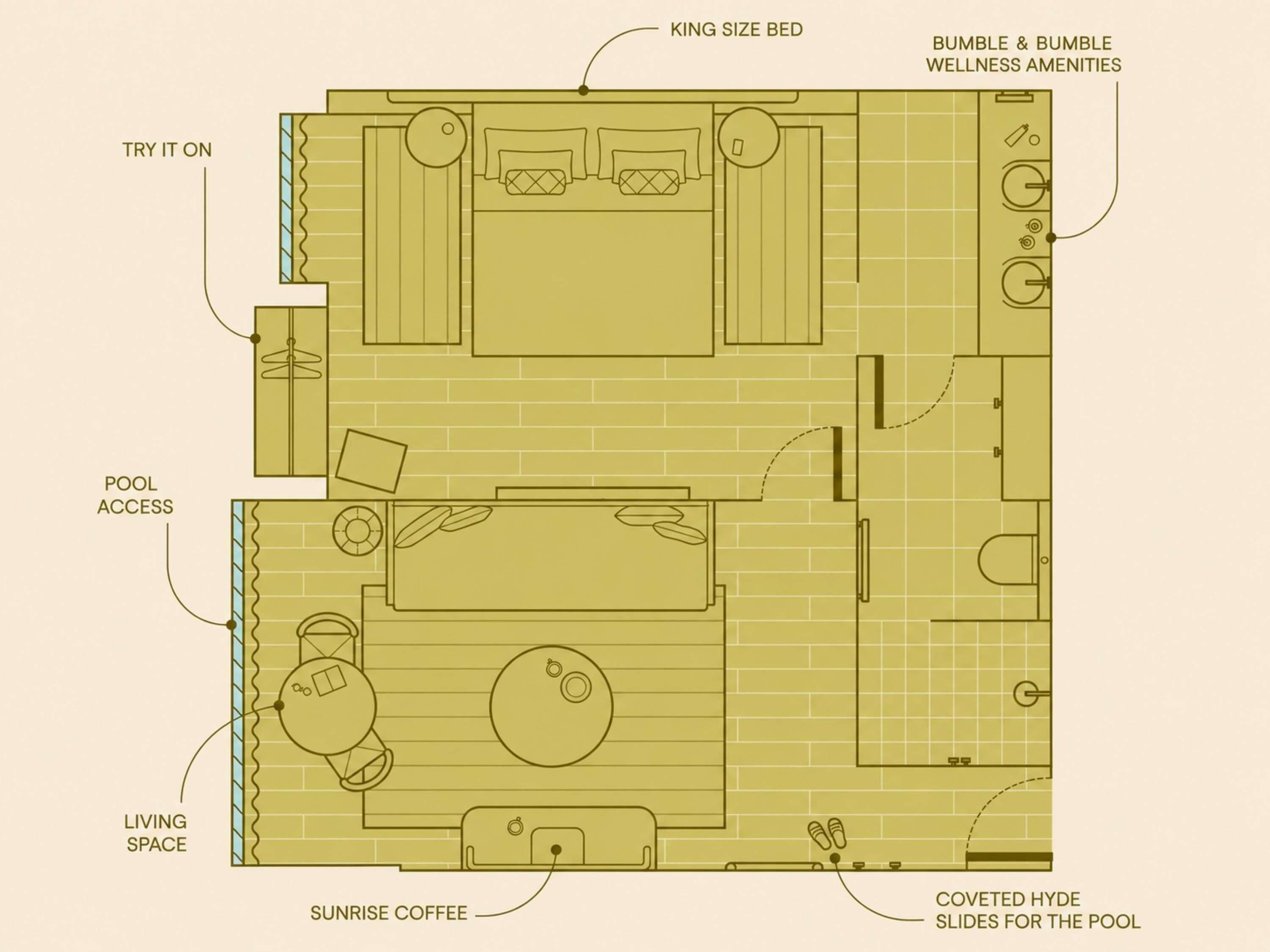 Planta baixa mostrando uma cama king-size, acesso à piscina, sala de estar e um espaço para café com vista para o nascer do sol.