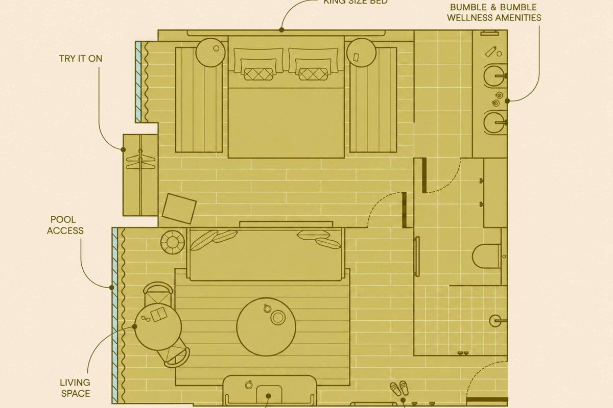 A floor plan with a king-size bed, pool access, living space, and a sunrise coffee area.