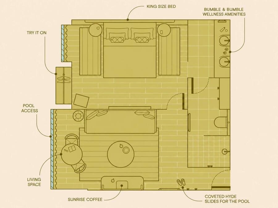Planta baixa mostrando uma cama king-size, acesso à piscina, sala de estar e um espaço para café com vista para o nascer do sol.