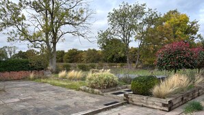 A paved courtyard with stone tiles, surrounded by various plants and trees. - Gosfield Cartlodge Retreat (Halstead)