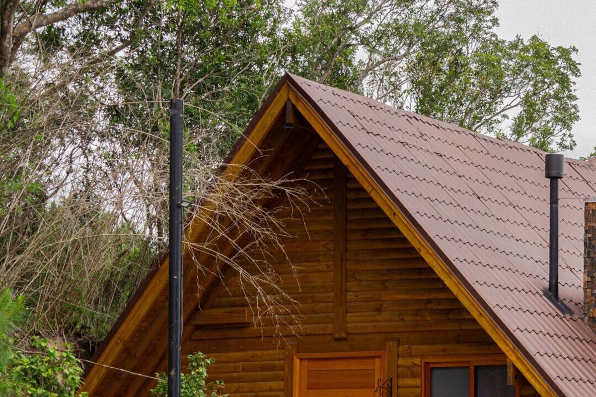 A wooden cabin with a sloped roof, a front door, and a small window.