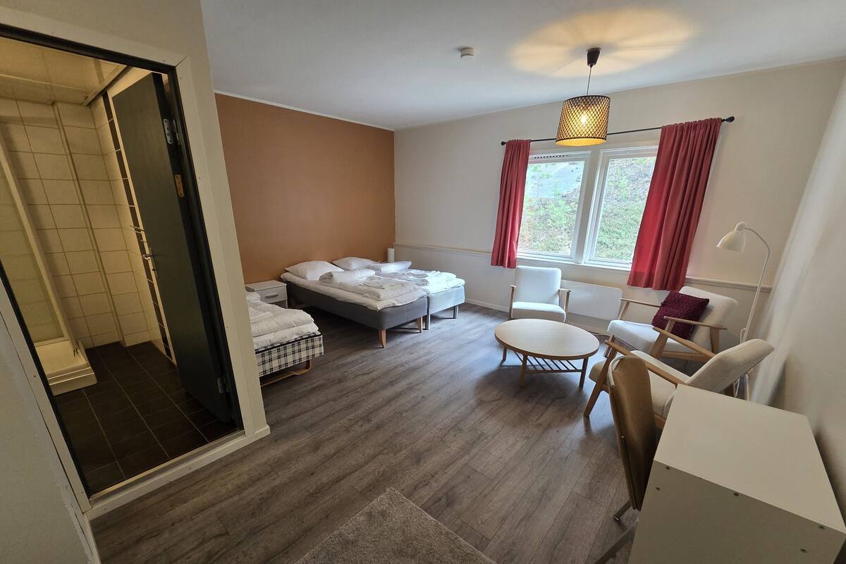 Une chambre d’hôtel comprenant un lit, un bureau, une chaise, une table, une fenêtre avec des rideaux et un espace douche.
