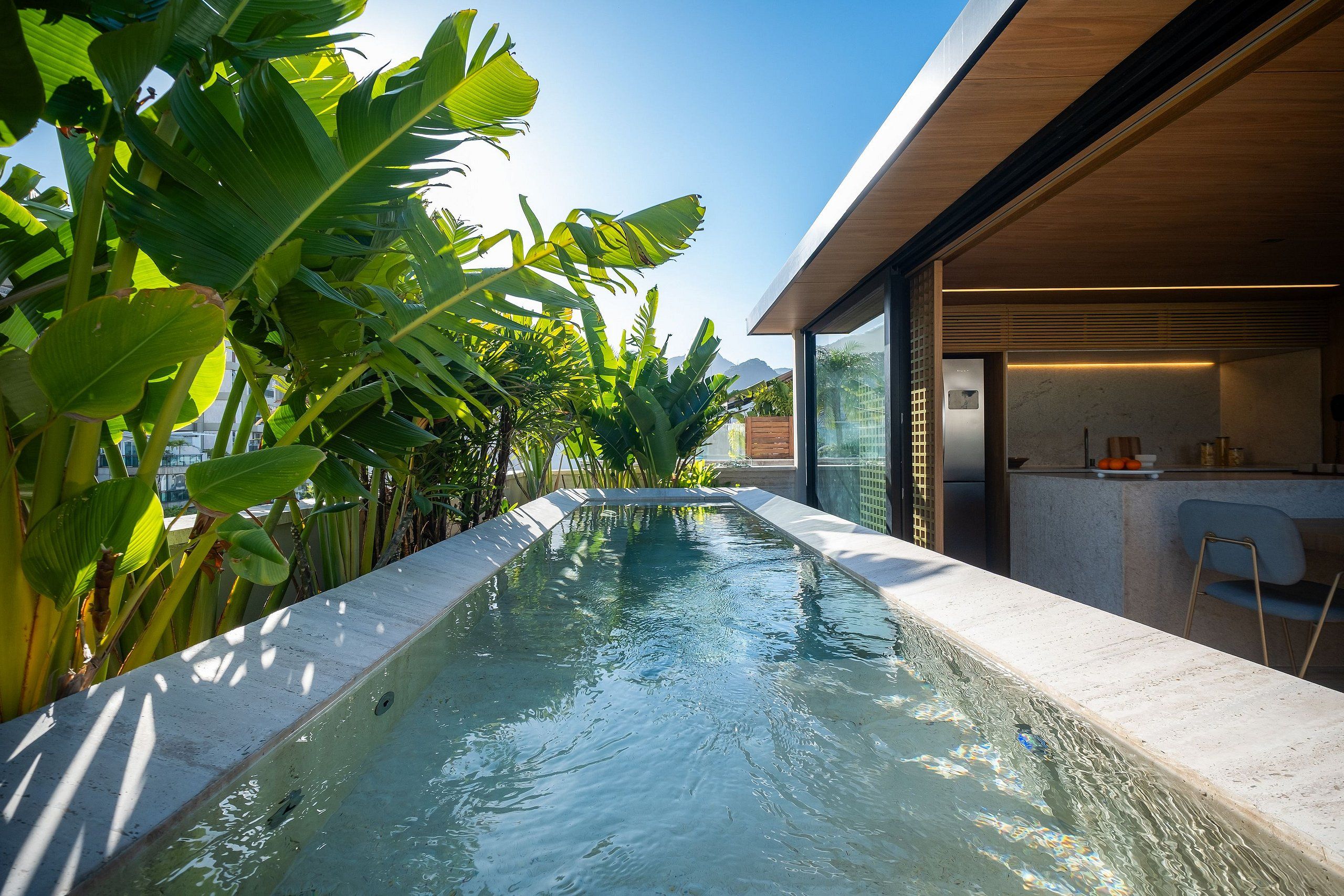 Uma casa moderna com piscina, cercada por plantas tropicais.