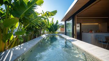 Uma casa moderna com piscina, cercada por plantas tropicais.