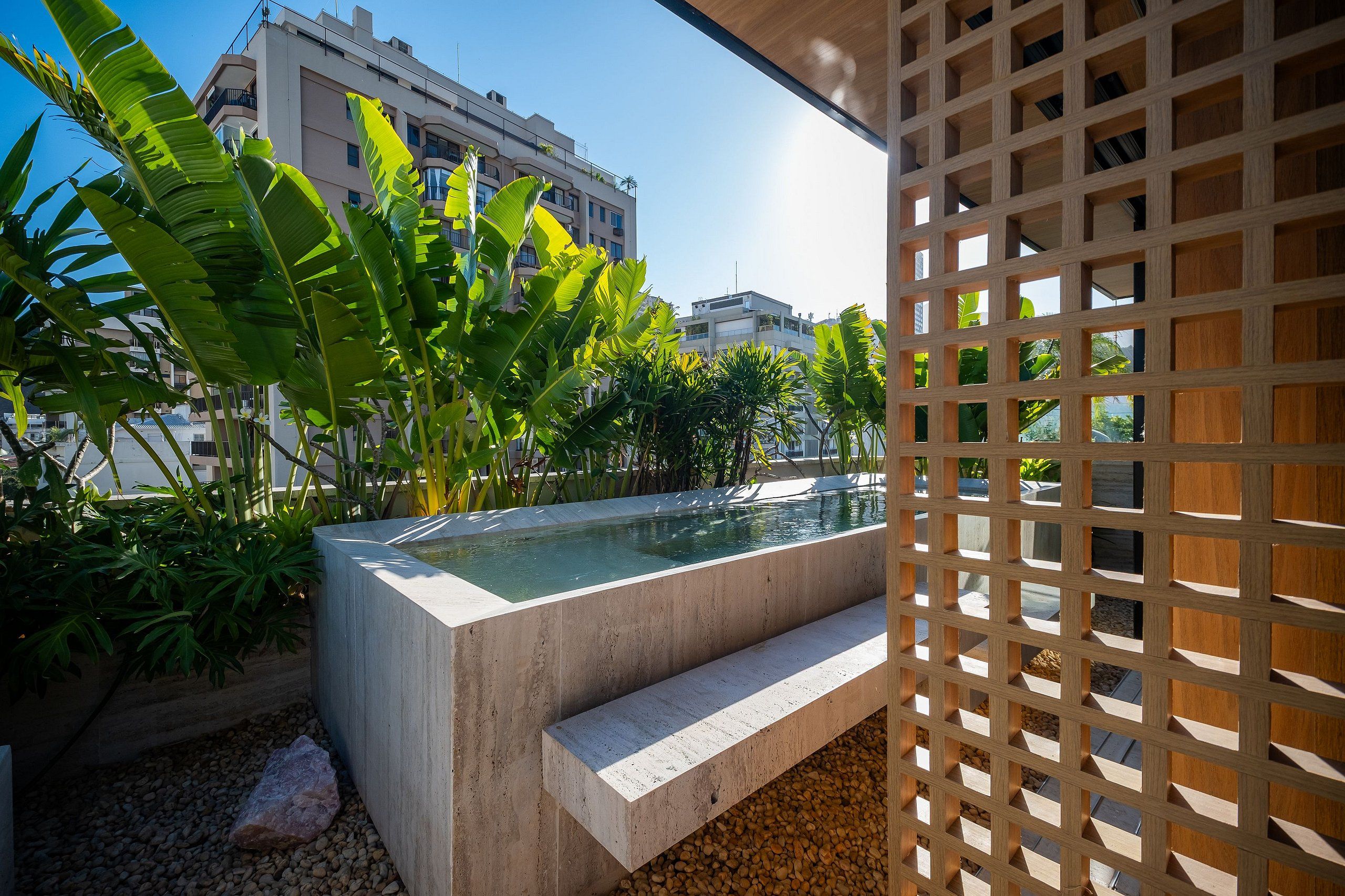 Zona de piscina con borde de hormigón, rodeada de vegetación y una estructura de celosía de madera.