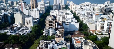 A densely packed urban area with a variety of building heights and architectural styles.