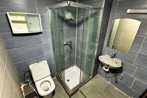 Shower, hair dryer, towels, toilet paper