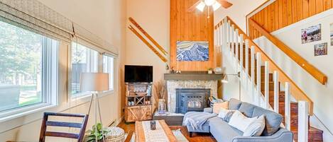 TV, fireplace, books