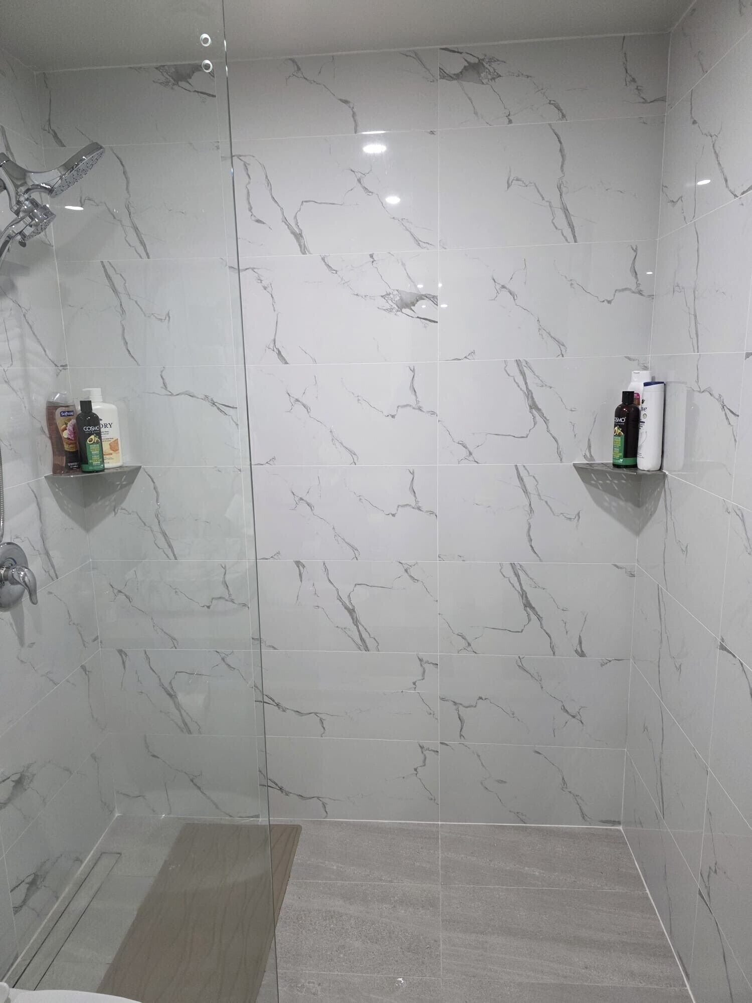 Shower, towels, soap, toilet paper